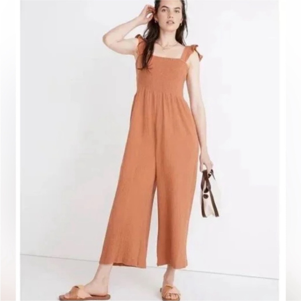 Madewell Lucie Orange Cotton Gauze Jumpsuit Ruched Bodice Flutter Sleeves Size 6